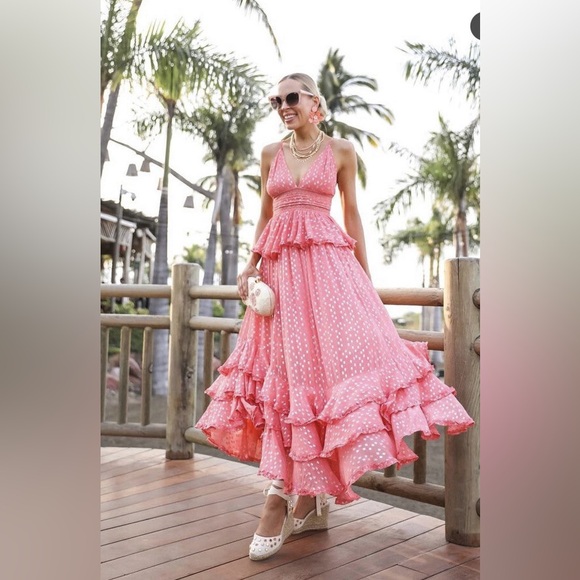 Rococo Sand Aria Ruffle Metallic Maxi Dress in Peach